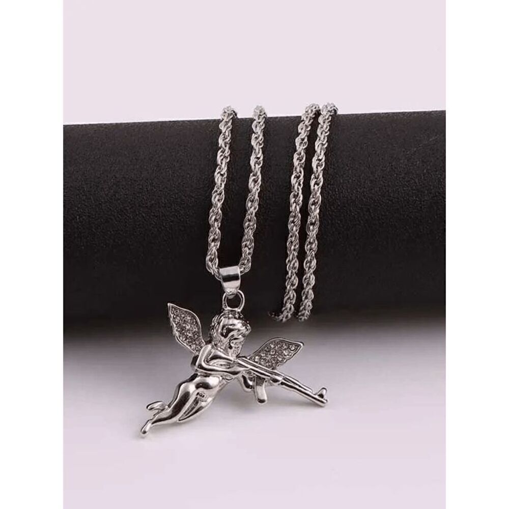 Diamond Angel Cherub Cupid AK47 Gun White Gold Plated Pendant Necklace